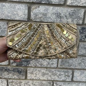 VTG Gold Satin & Sequin Beaded Clutch made in India